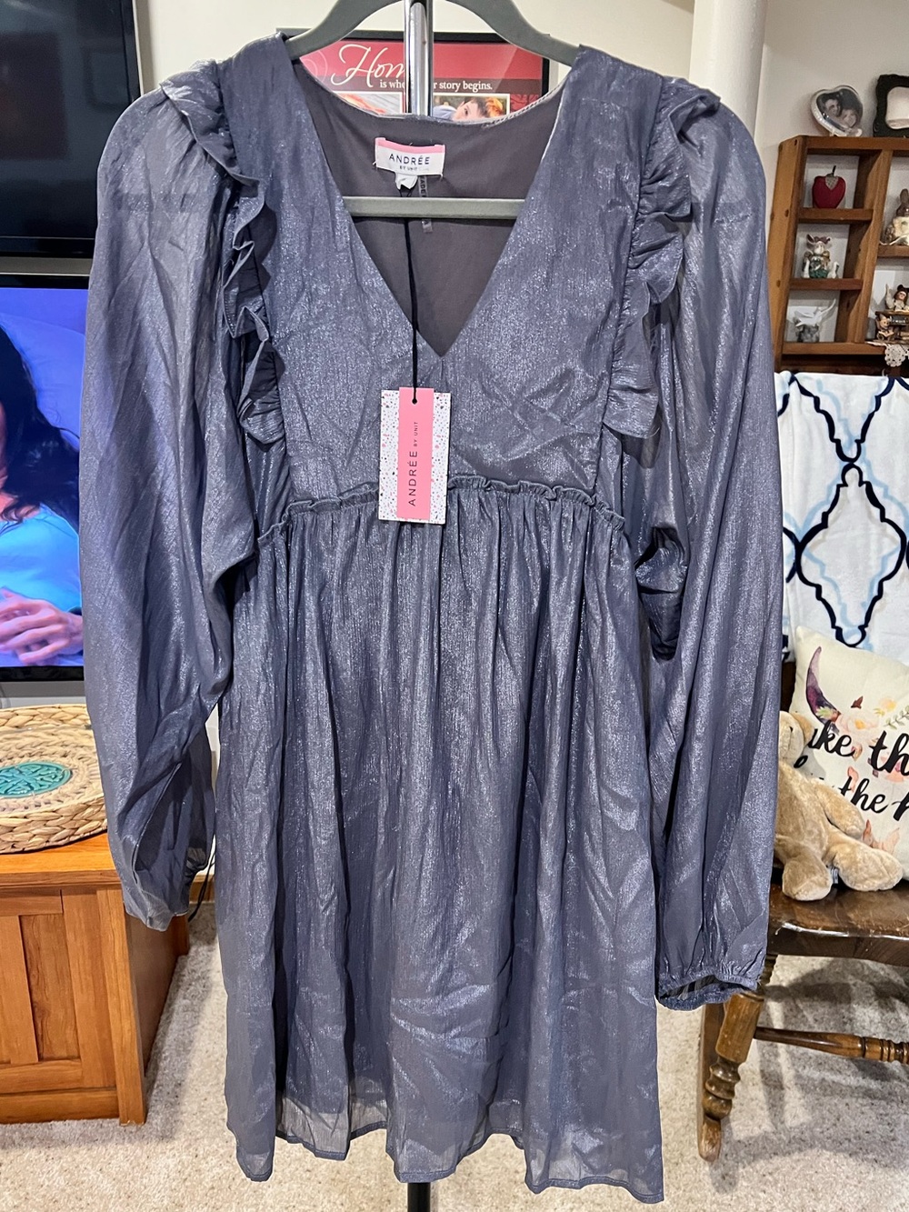 NWT Andree Shimmery Slate Blue Long-Sleeve Dress